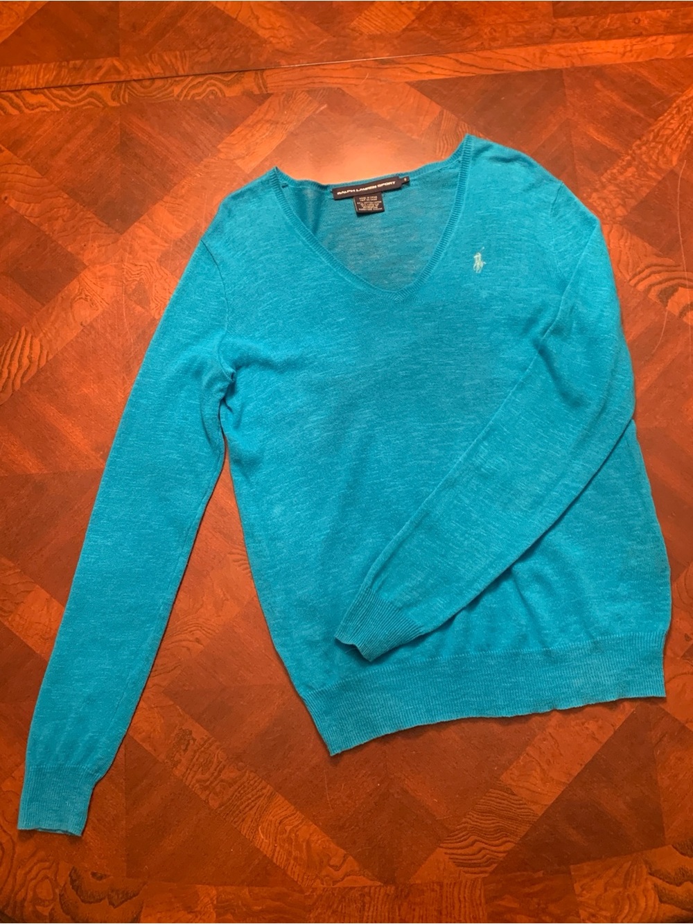 Ralph Lauren Sport Turquoise Cotton Linen V-Neck Sweater Small